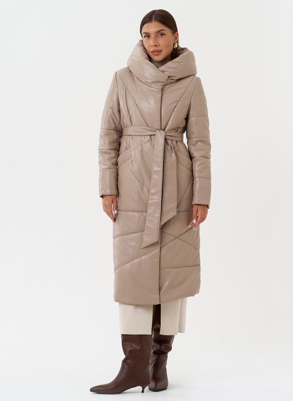 Женский пуховик из эко кожи с поясом