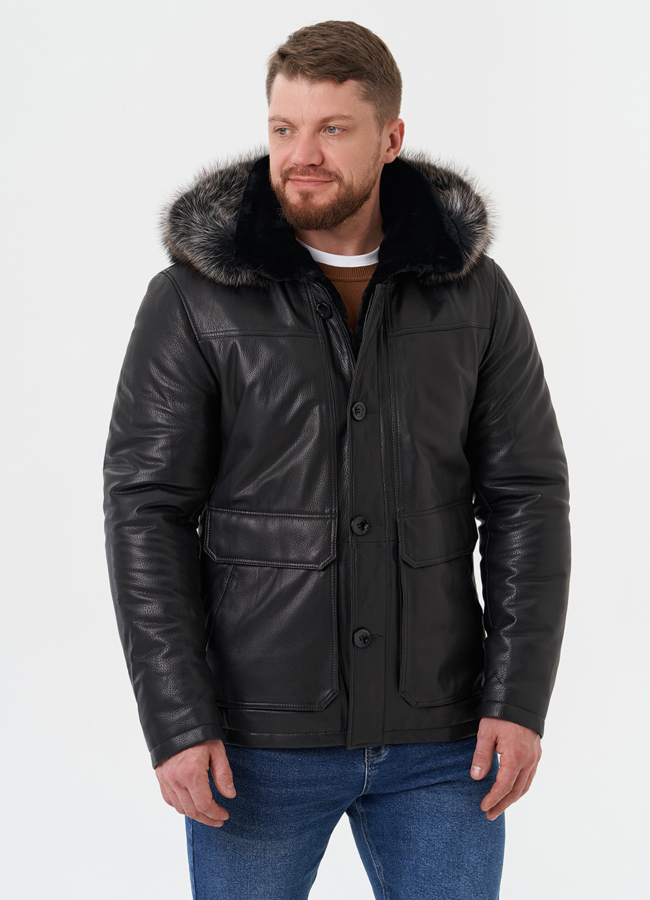 Пуховик из натуральной кожи с мехом енота модель № 25995 универмаг малина