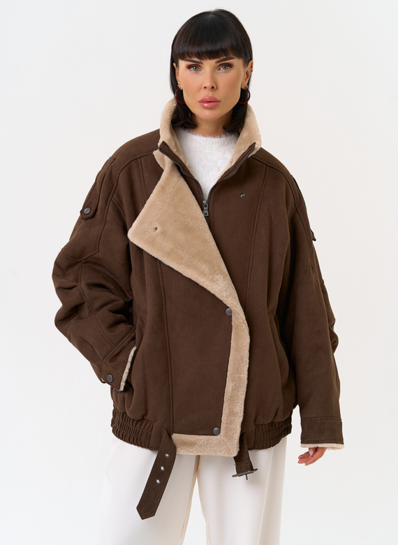 Женский бомбер из эко замши с воротником стойкой