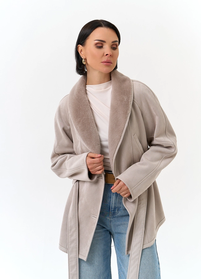 Женская дубленка из эко замши с поясом модель № 32793 универмаг малина