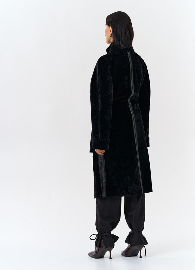 фото Женская двухсторонняя дубленка с поясом модель № 32198