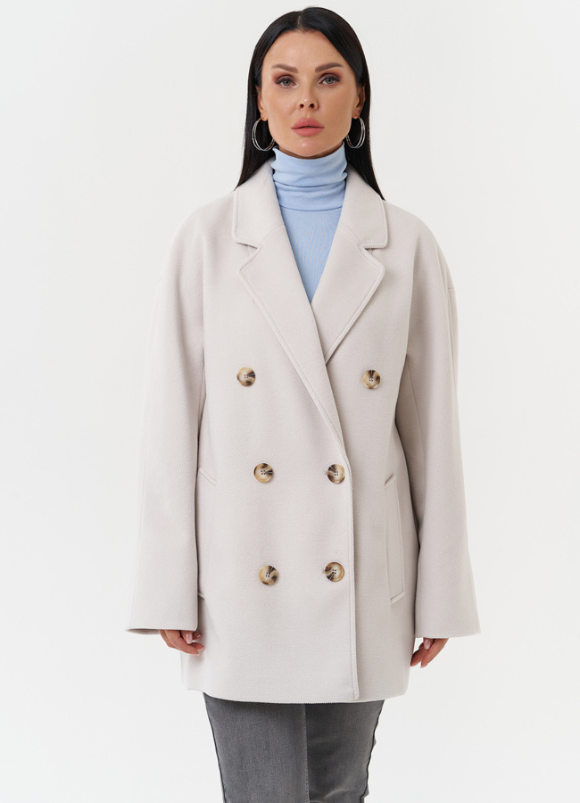 Женское двубортное пальто модель № 28279 меха малина