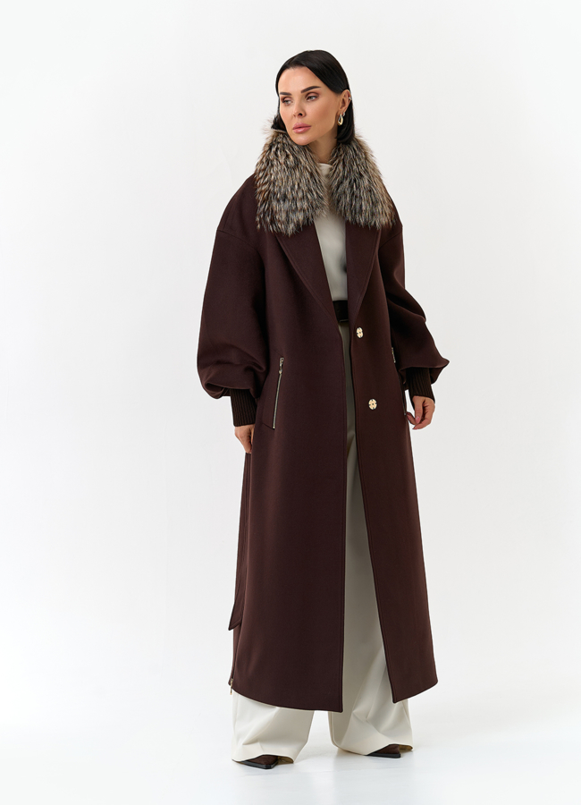 Женское длинное пальто с отделкой из меха лисы модель № 32857 универмаг малина