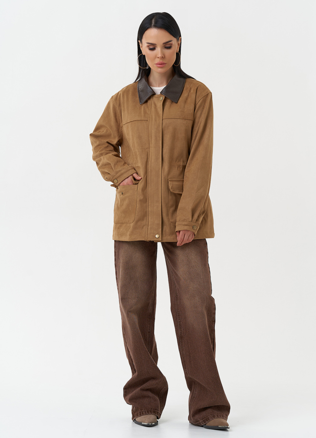 Женская парка из эко замши бежевого цвета модель № 30377 в кредит