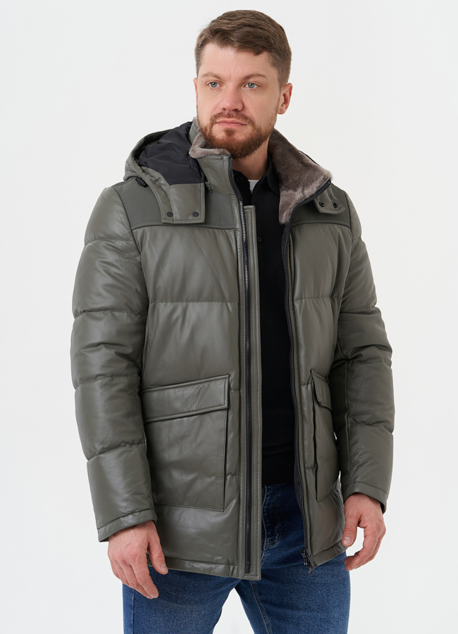 Кожаная куртка с капюшоном модель № 28576 универмаг малина