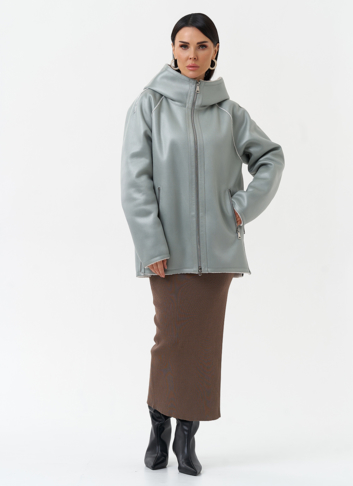 Женская дубленка из эко замши с капюшоном