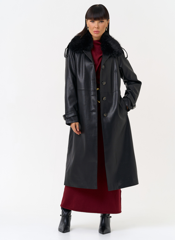 Женское утепленное пальто из экокожи с воротником из эко меха