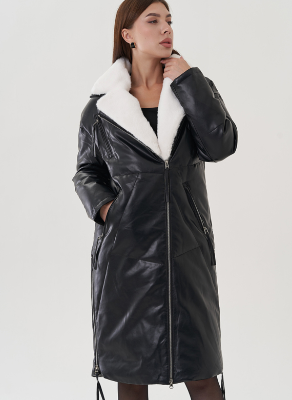 Пуховик женский из эко кожи с английским воротником