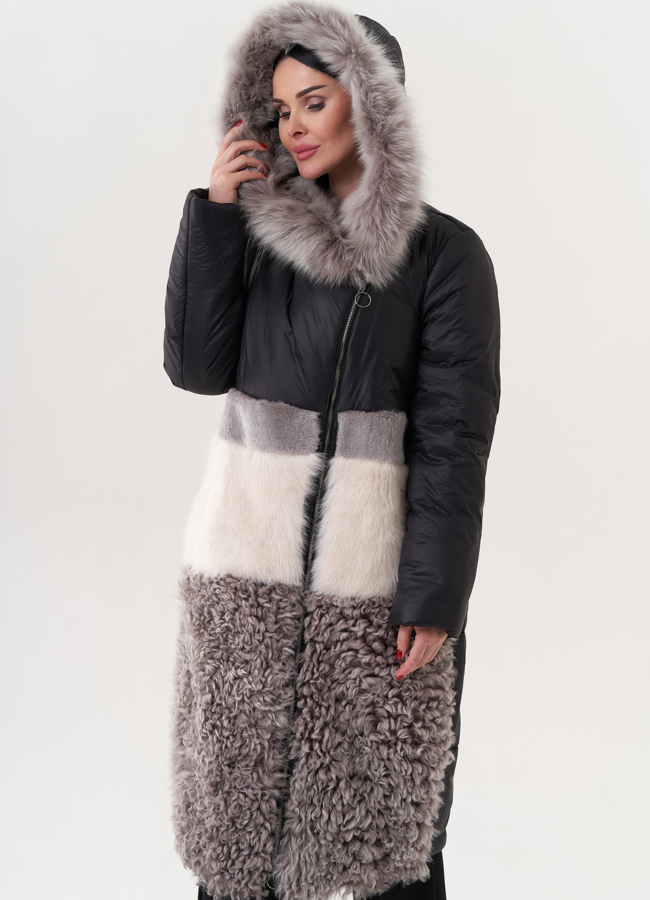 Комбинированный пуховик с овчиной модель № 26911 универмаг малина