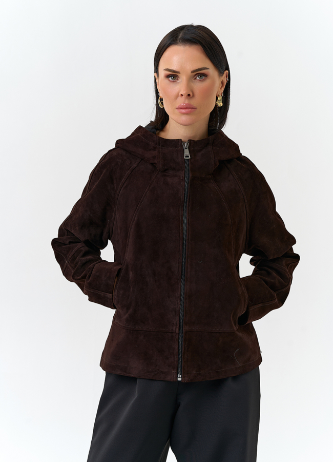 Женская куртка из натуральной замши с капюшоном модель № 32674 в рассрочку
