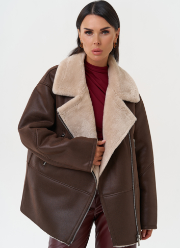 Женская дубленка из эко замши с воротником
