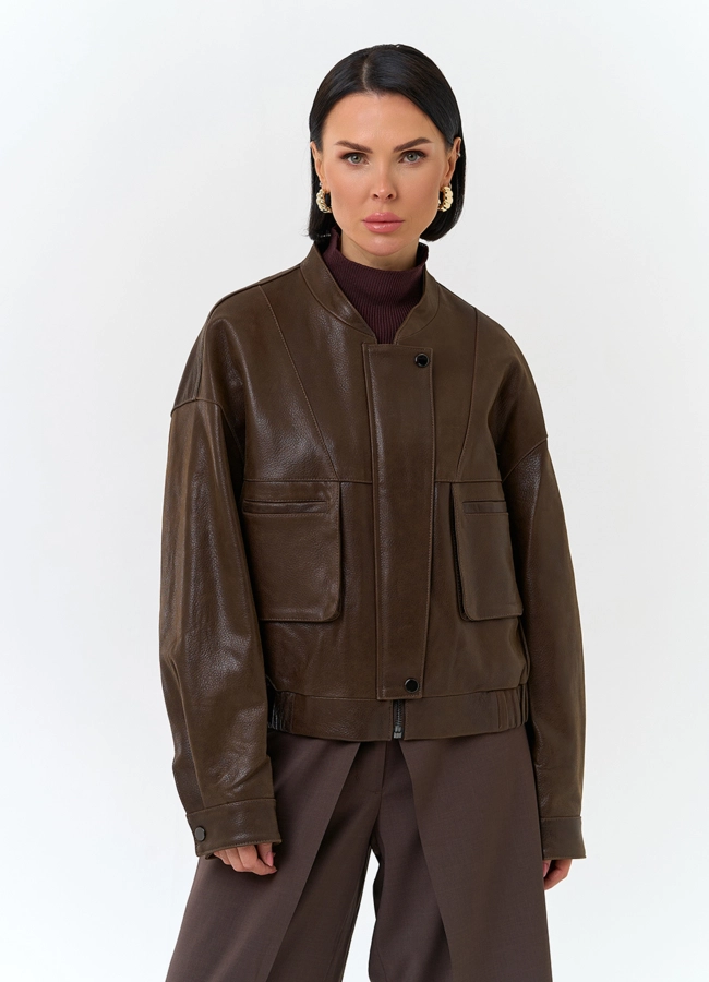 Женская куртка бомбер из натуральной кожи модель № 32749 меха малина