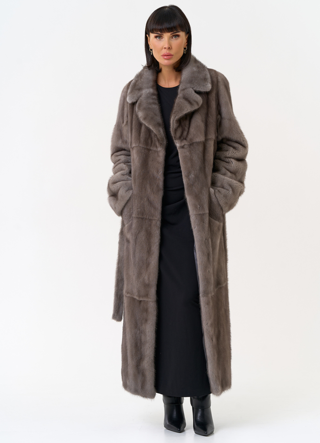 Длинная шуба из меха норки с английским воротником модель № 31598 в рассрочку