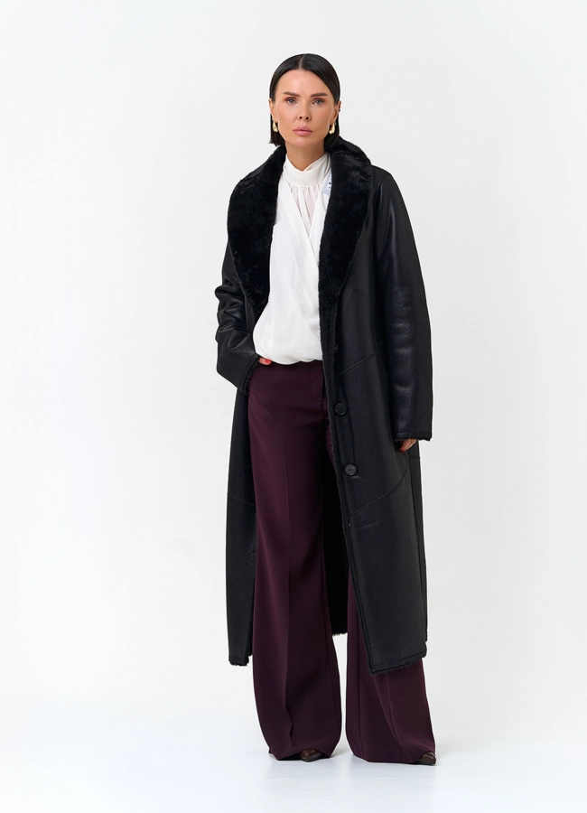 Женская удлиненная дубленка из эко замши модель № 33919 в рассрочку