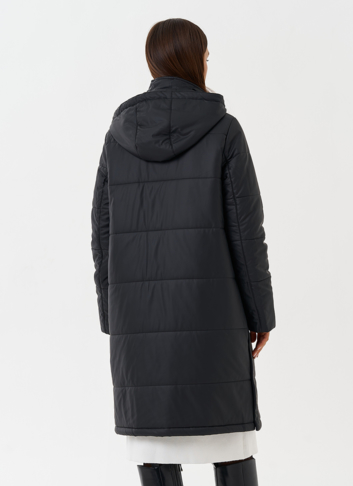 Пуховик из эко кожи с капюшоном