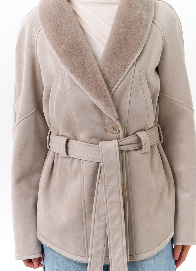 Женская дубленка из эко замши с поясом модель № 32793 универмаг малина