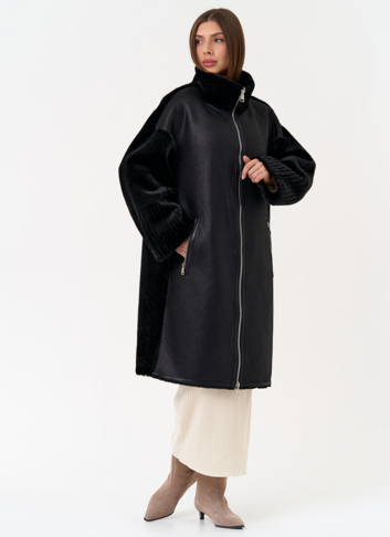 Женская двухсторонняя дубленка из эко замши с воротником стойкой