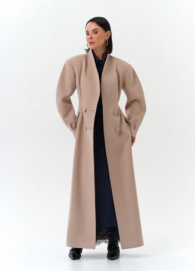 Женское длинное пальто с акцентными рукавами модель № 32784 универмаг малина