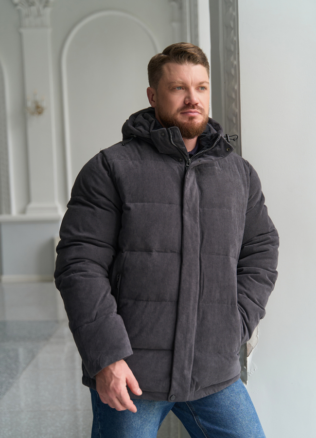 Мужской вельветовый пуховик модель № 31467 меха малина