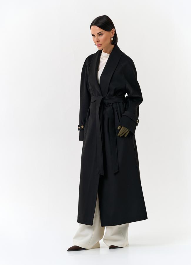 Женское длинное пальто с поясом модель № 32851 универмаг малина