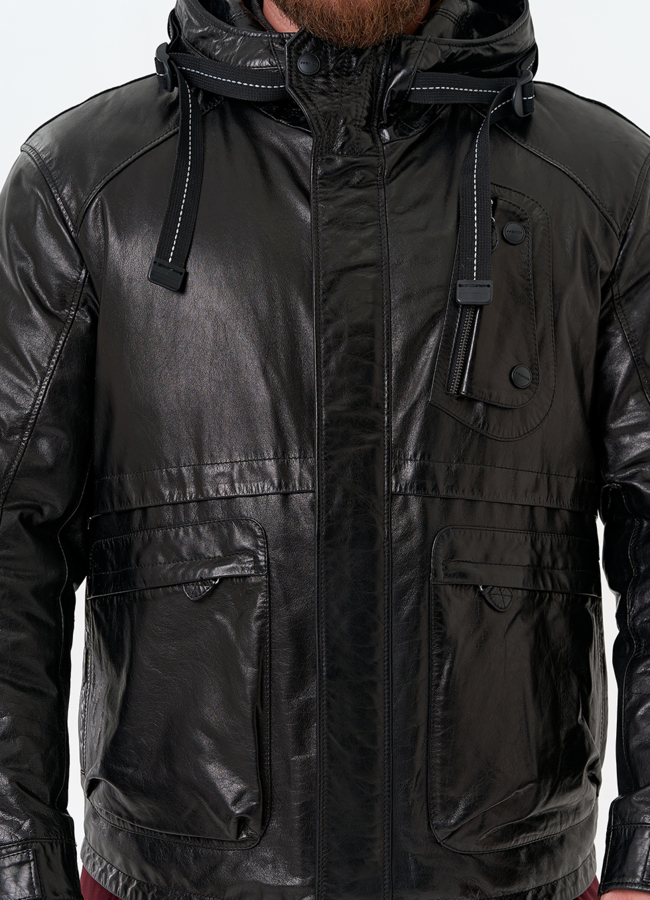 Мужская куртка из натуральной кожи с капюшоном модель № 32548 универмаг малина