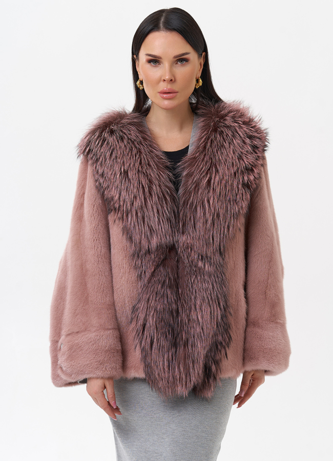 Короткая шуба из норки с чернобуркой модель № 28802 универмаг малина