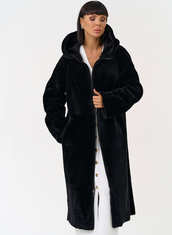 Натуральная двухсторонняя дубленка с капюшоном