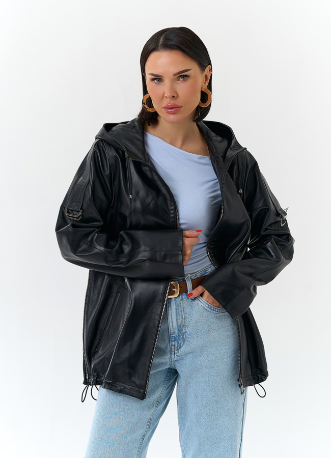 Женская куртка из натуральной кожи с капюшоном модель № 32875 меха малина