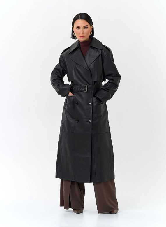 Женский плащ из натуральной кожи с поясом