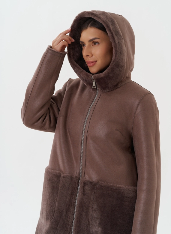 Двухсторонняя дубленка из эко кожи с капюшоном