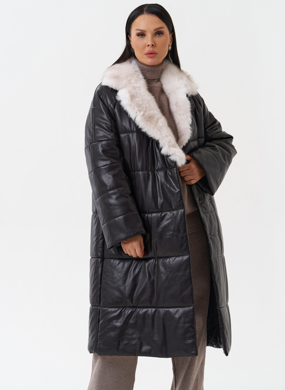 Пуховик из эко кожи с английским воротником