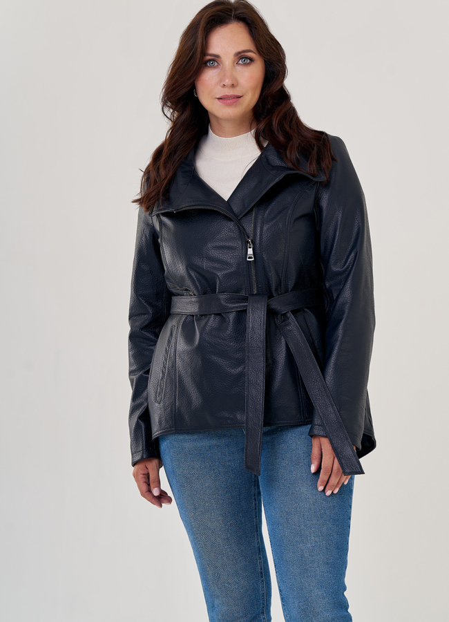 Кожаная куртка на молнии темно-синего цвета  модель № 10862 меха малина