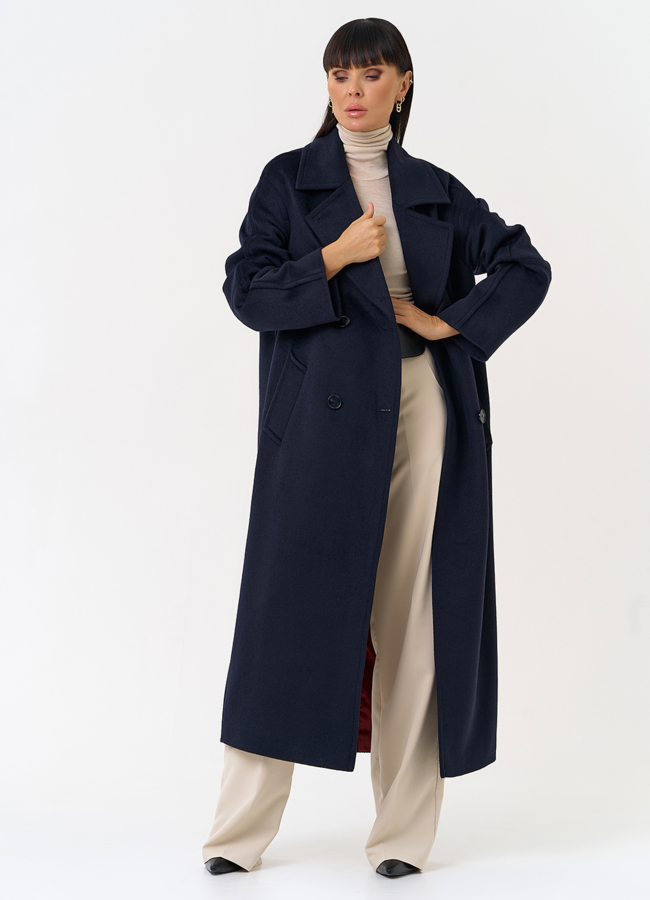 Женское пальто синего цвета с поясом модель № 31688 универмаг малина