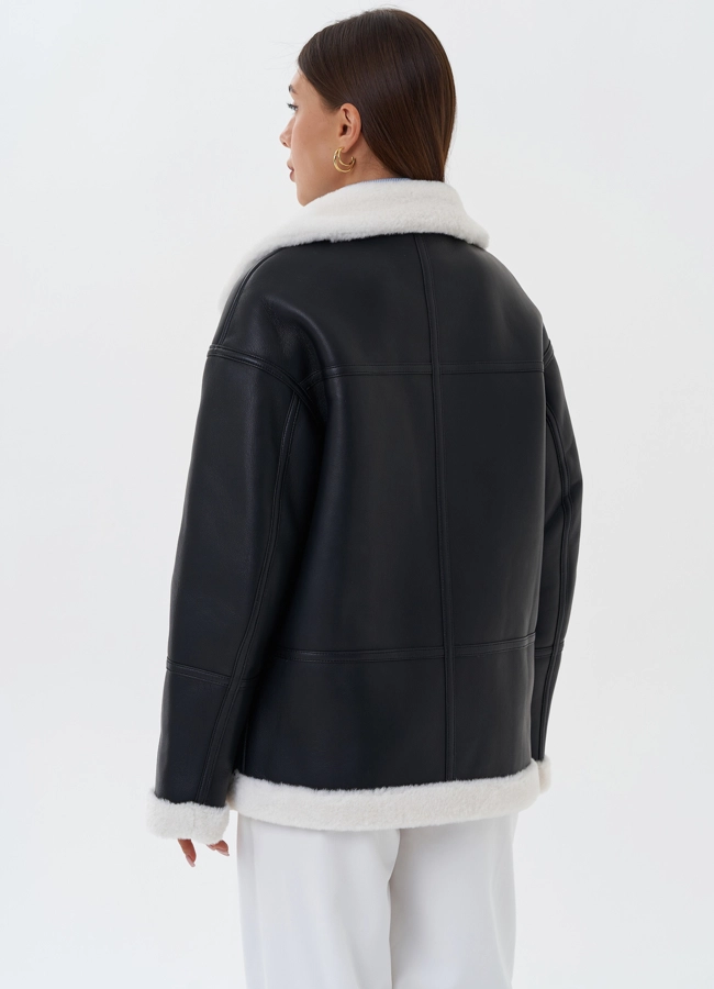Дубленка из эко кожи черного цвета с черным эко мехом модель № 27693 универмаг малина