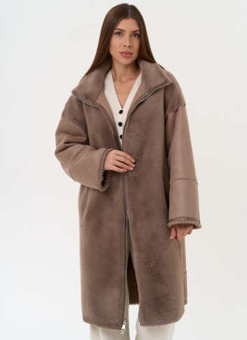 Женская двухсторонняя дубленка из эко замши с воротником стойкой